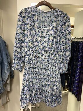 Veronica Beard Darrah Blue and White Floral Long Sleeve Smocked Mini Dress